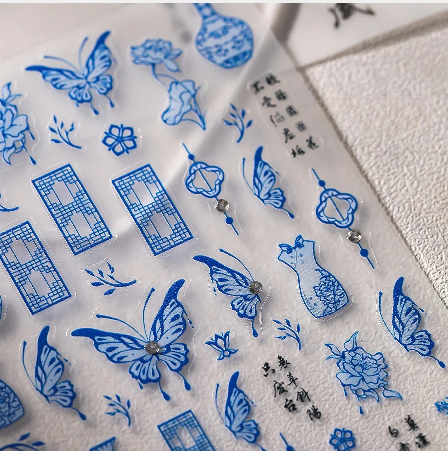 1piece 5D nail sticker high quality blue butterfly cheongsam porcelain bottle jade pendant design self-adhesive nail art sticker