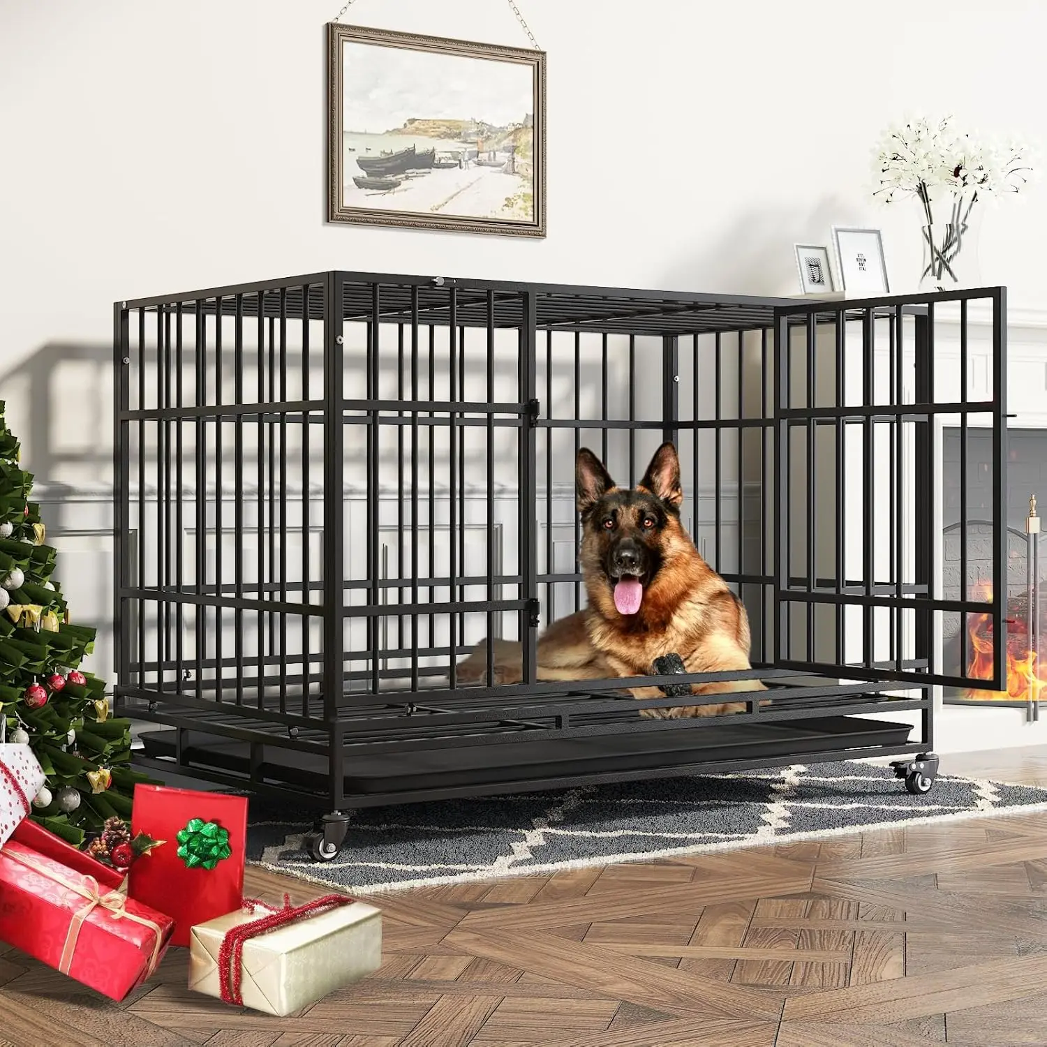 

48 Inch Heavy Duty Dog Crate, Indestructible Dog Crate, Escape Proof Cage with Self-Locking Latch, Large Indoor Dog Kennel