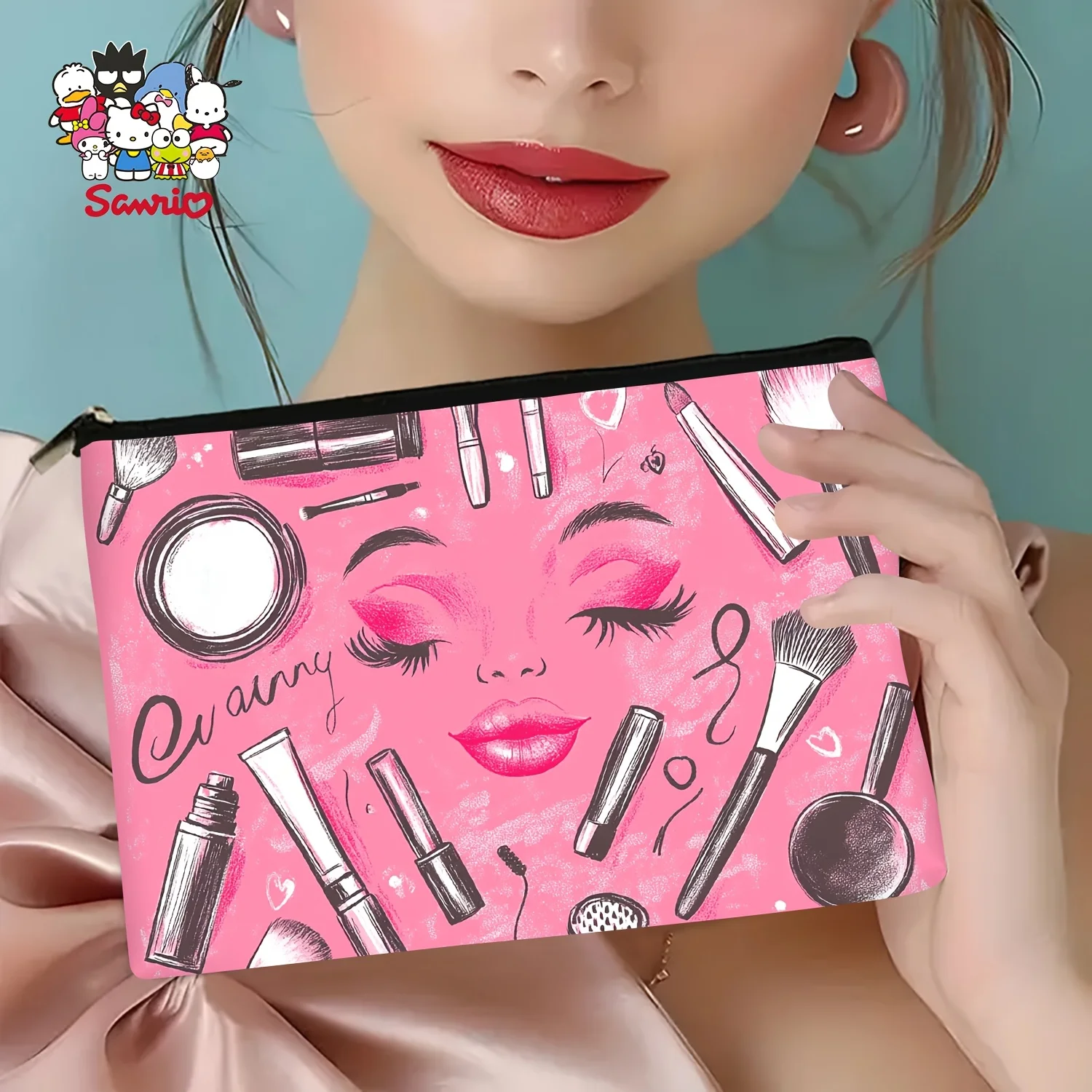 Un sac de maquillage rose pour élément cosmétique – jolie pochette multifonctionnelle à fermeture éclair pour femmes, sac de rangement de bijoux