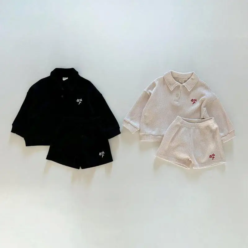 

Spring Summer New Children Long Sleeve Clothes Set Boys Girls Lapel Tops + Shorts 2pcs Suit Cotton Kids Letter Casual Outfits