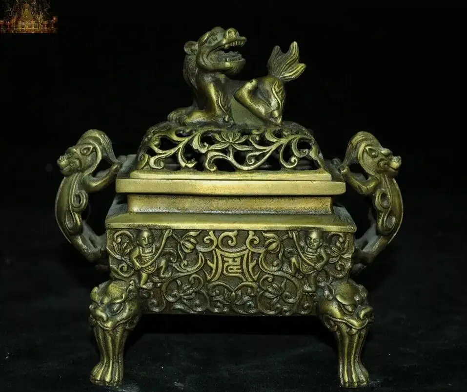 

6" Marked Old Chinese Bronze Dragon Beast flower pattern incense burner Censer