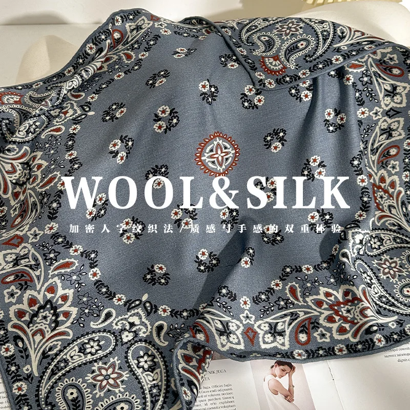 

New 70% wool 30% Silk Scarf Square for Women Neck Scarves Print Luxury Neckerchief Bandana Spring Foulard Female Shawl echarpe
