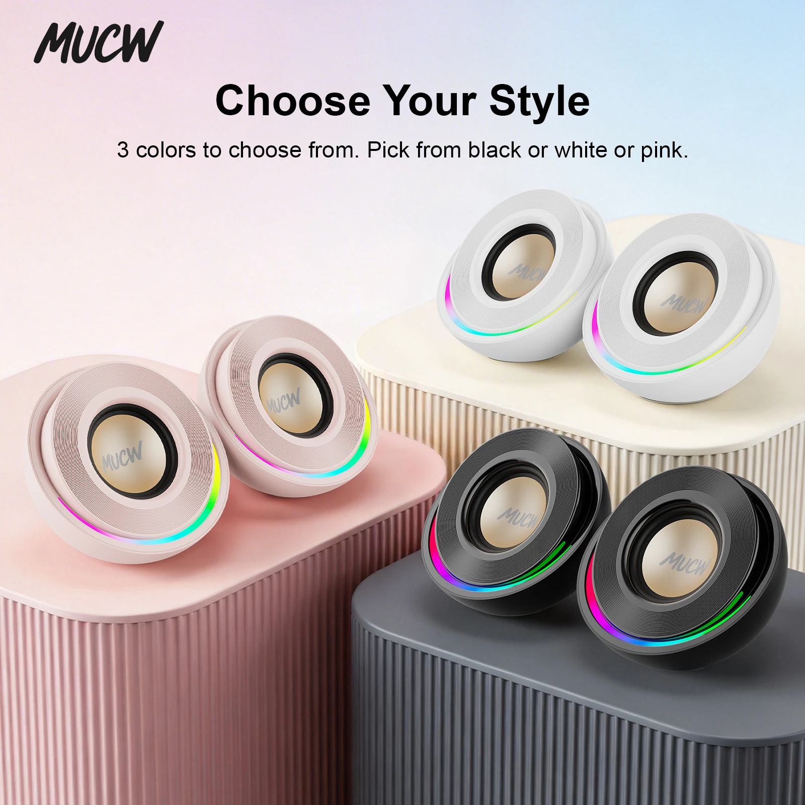 MUCW MU‑C02 2‑Pack Desktop Speakers 52mm Full‑Range Driver 6W Stereo Sound RGB Dynamic Light Bluetooth5.3 USB Dual Mode for Gaming Study Media Playback