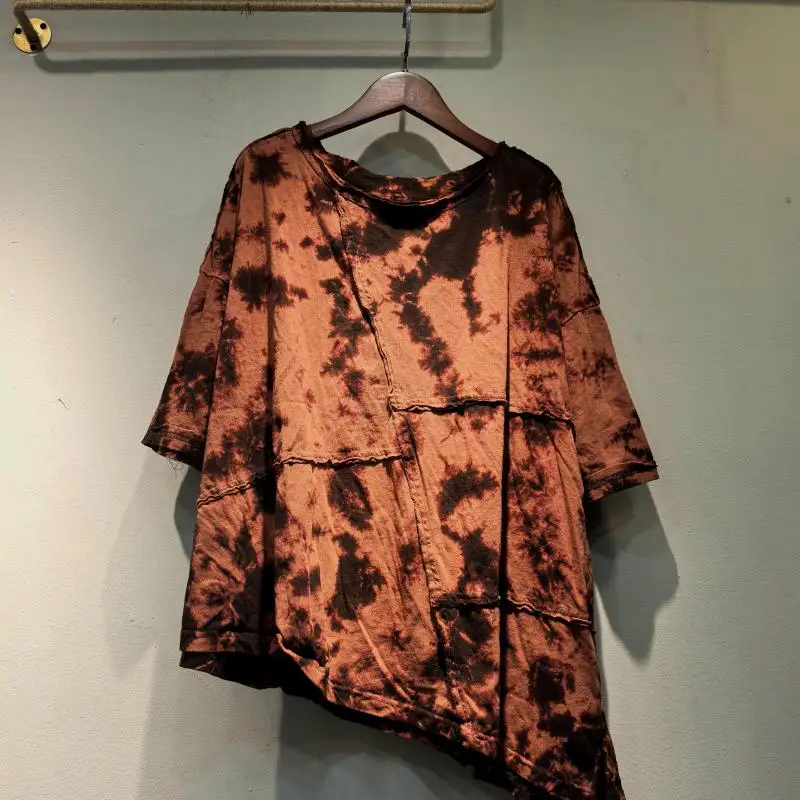 

New Arrival 2026 Summer Arts Style Women Short Sleeve O-neck Tshirt Femme Tops Vintage Tie Dye Design Cotton Loose Tee Shirt Y69