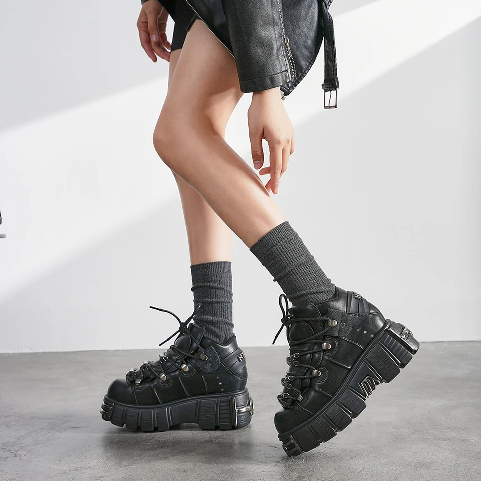 靴 CLANE SIDE CUT STACKED HEEL FLAT SHOES U-DOUBLE Punk Style Women's Lace-Up Boots 6CM Heel