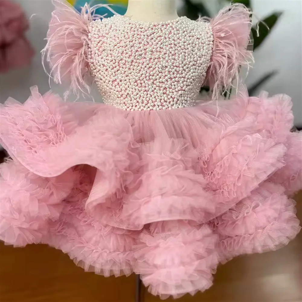 

Customized Flower Girl Wedding Dress Pink Pearls Layered Feather Ball Gown Princess Birthday Party Kids First Communion Gown