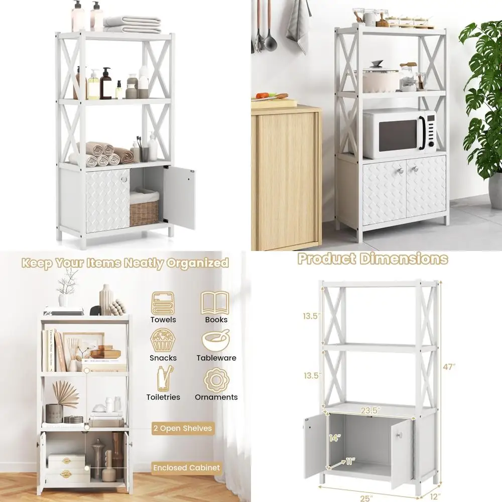 

Современный 2-дверный напольный шкаф с открытыми полками, рамой из каучукового дерева, конструкцией с защитой от опрокидывания для хранения в ванной комнате.