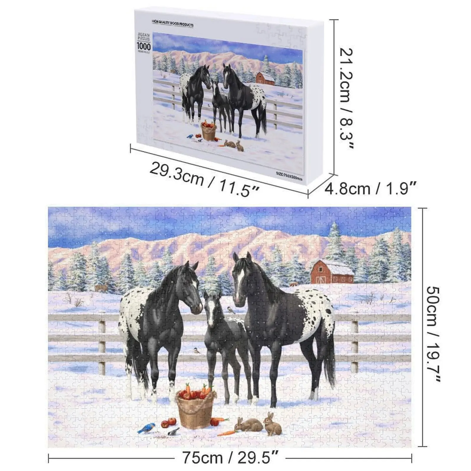 Cavalli neri di Appaloosa nella neve Puzzle Decorazioni in legno Dipinti Puzzle regalo personalizzato per bambini