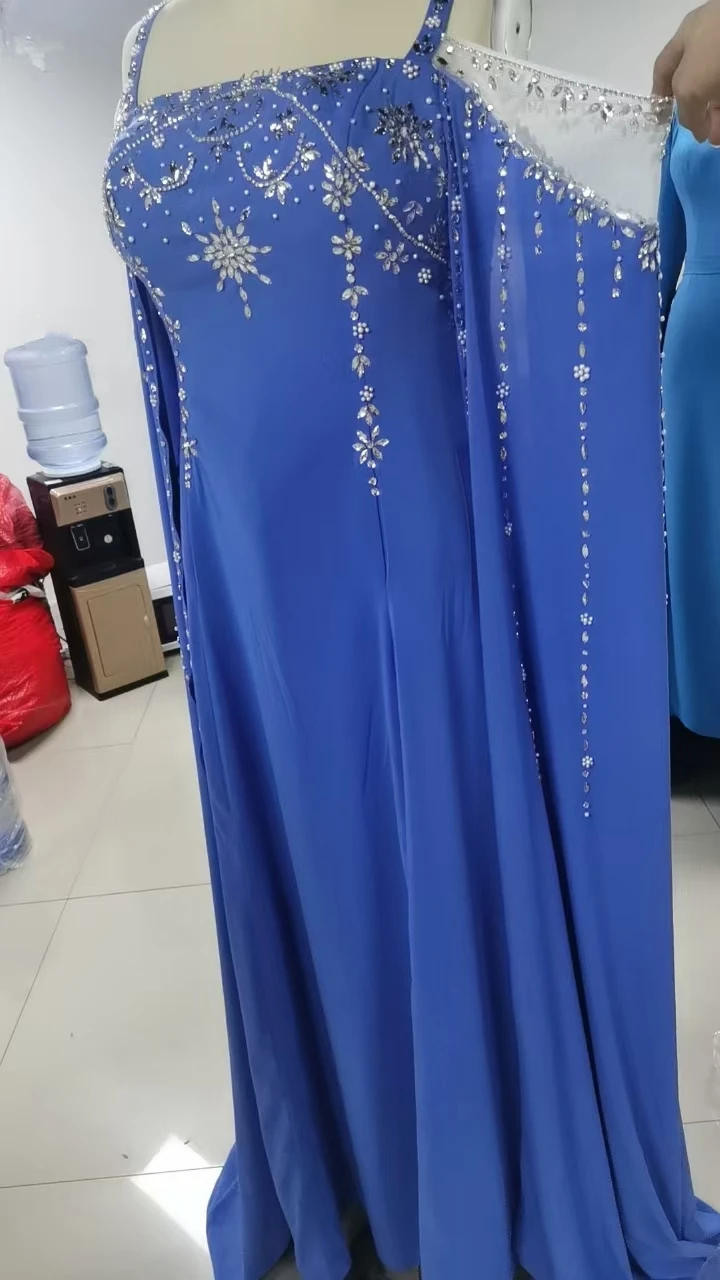 

Oisslec Prom Dress Elegant Vintage Sweet Blue Crystal Beads Silky Customized Formal Occasion Prom Dress Evening Party Gowns
