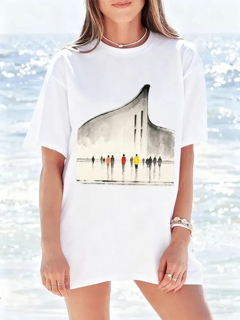 Kurzärmliges, locker bedrucktes Damen-T-Shirt mit Klavier- und farbenfrohem Figurendruck und Freizeitmuster