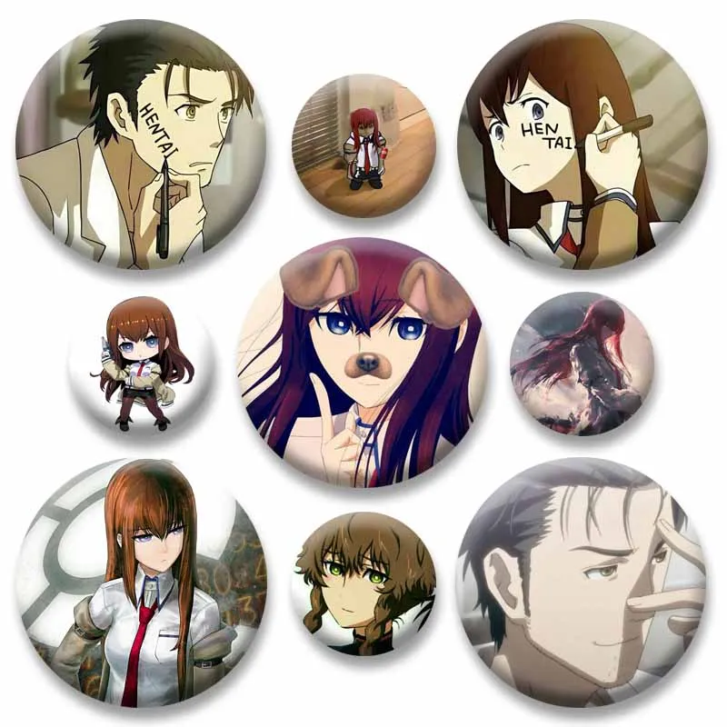 Science Fiction Anime Steins Gate Round Brooch Zero Okabe Kurisu Cartoon Lapel Pins Backpack Clothes Hat Jewelry Badge Toys Gift