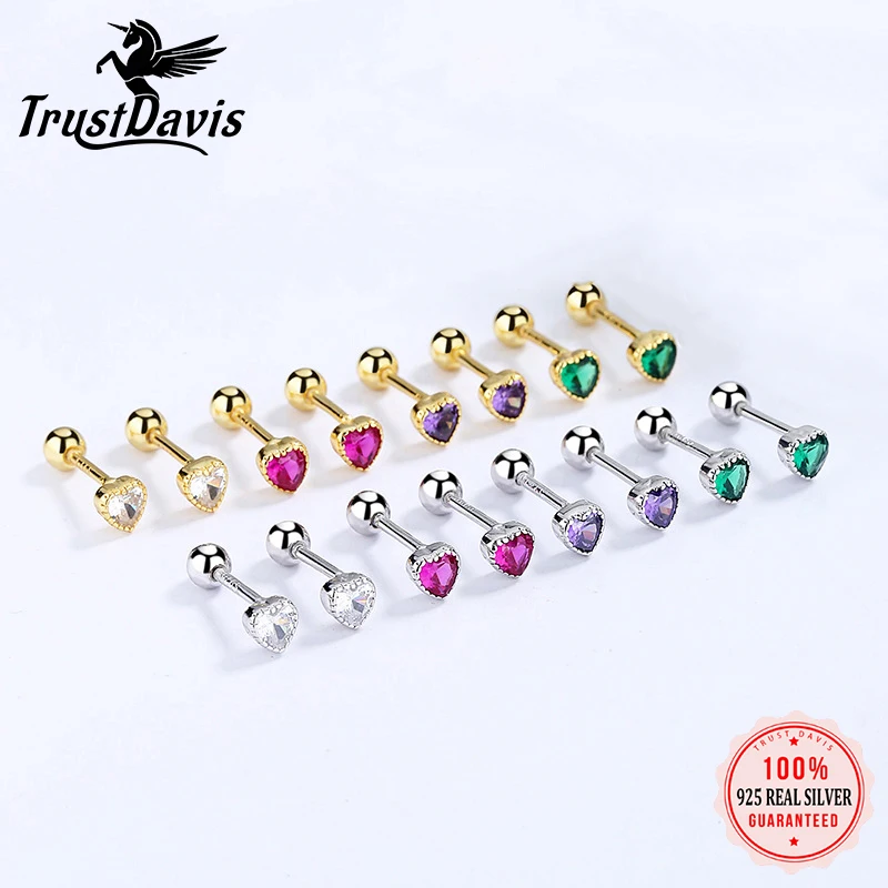 TrustDavis Real 925 Sterling Silver Romantic Heart Colour CZ Screw Stud Earrings For Women Children Baby Girls Jewelry DA2501