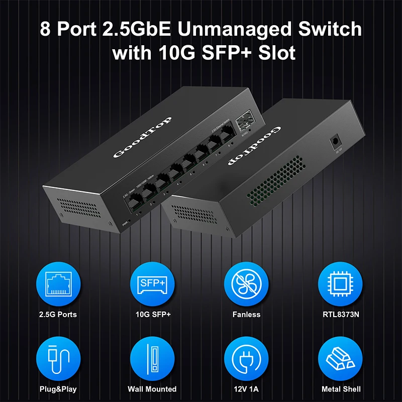 GoodTop 8 Port 2.5GbE Unmanaged Switch 2.5GBASE-T Network Switch with 10G SFP+ Port Plug &Play Fanless Homelab Ethernet Switch