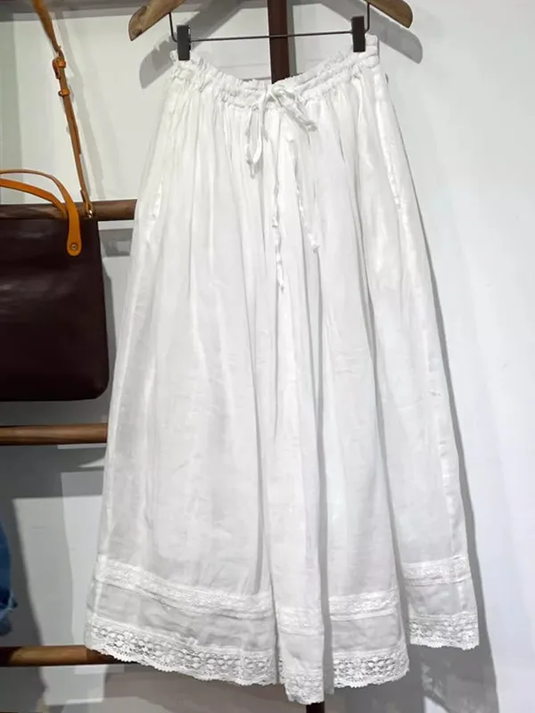 

Women's Cotton Linen f Skirt Elastic Waist Thin Embroidered A-Line Skirt Spring Summer Loose Fit Midi Skirt