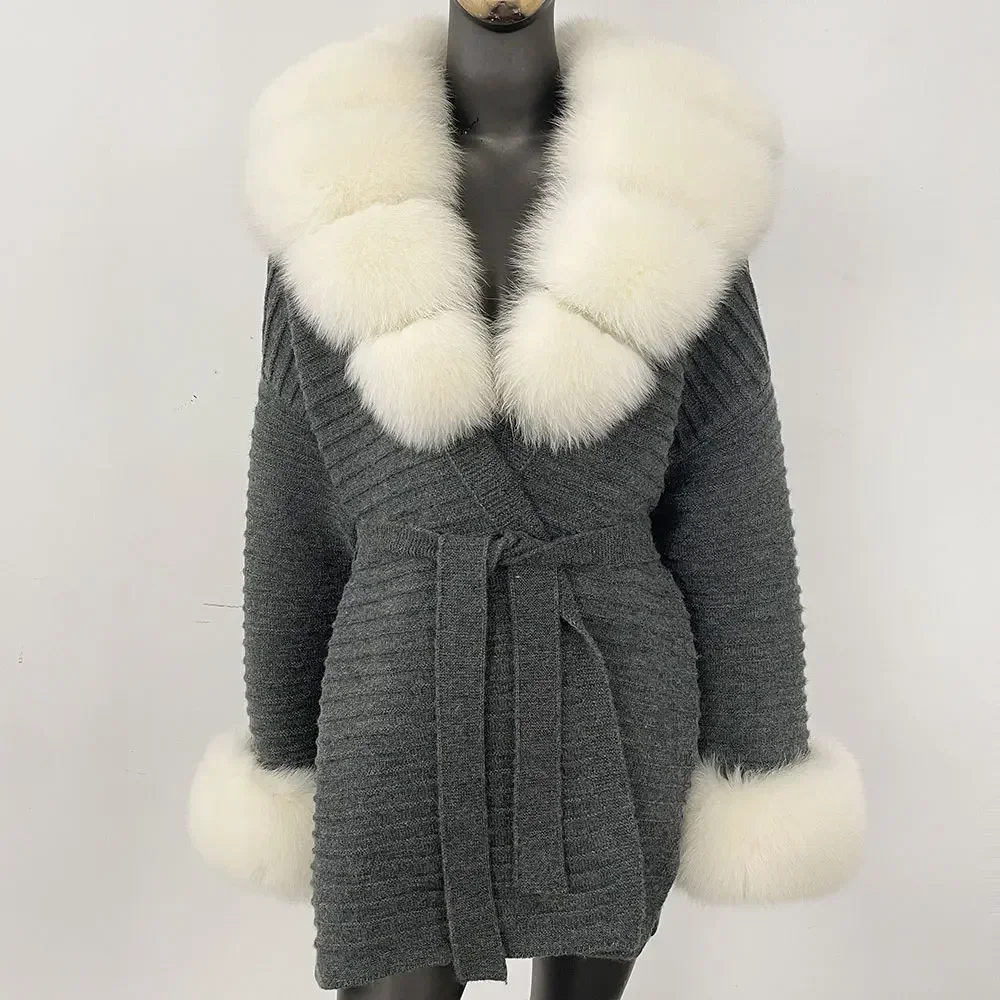 

New Real Genuine Natural Raccoon Knit Jacket Knitted Fox Fur Shawl Coat Real Fox Fur Collar Women's Fashion Knit Jacket Lady