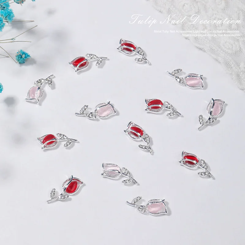 10PCS 3D Luxury Alloy Tulip Nail Art Rhinestone Flower Charm Parts For DIY Nails Decoration Manicure Decor Material Supplies 5