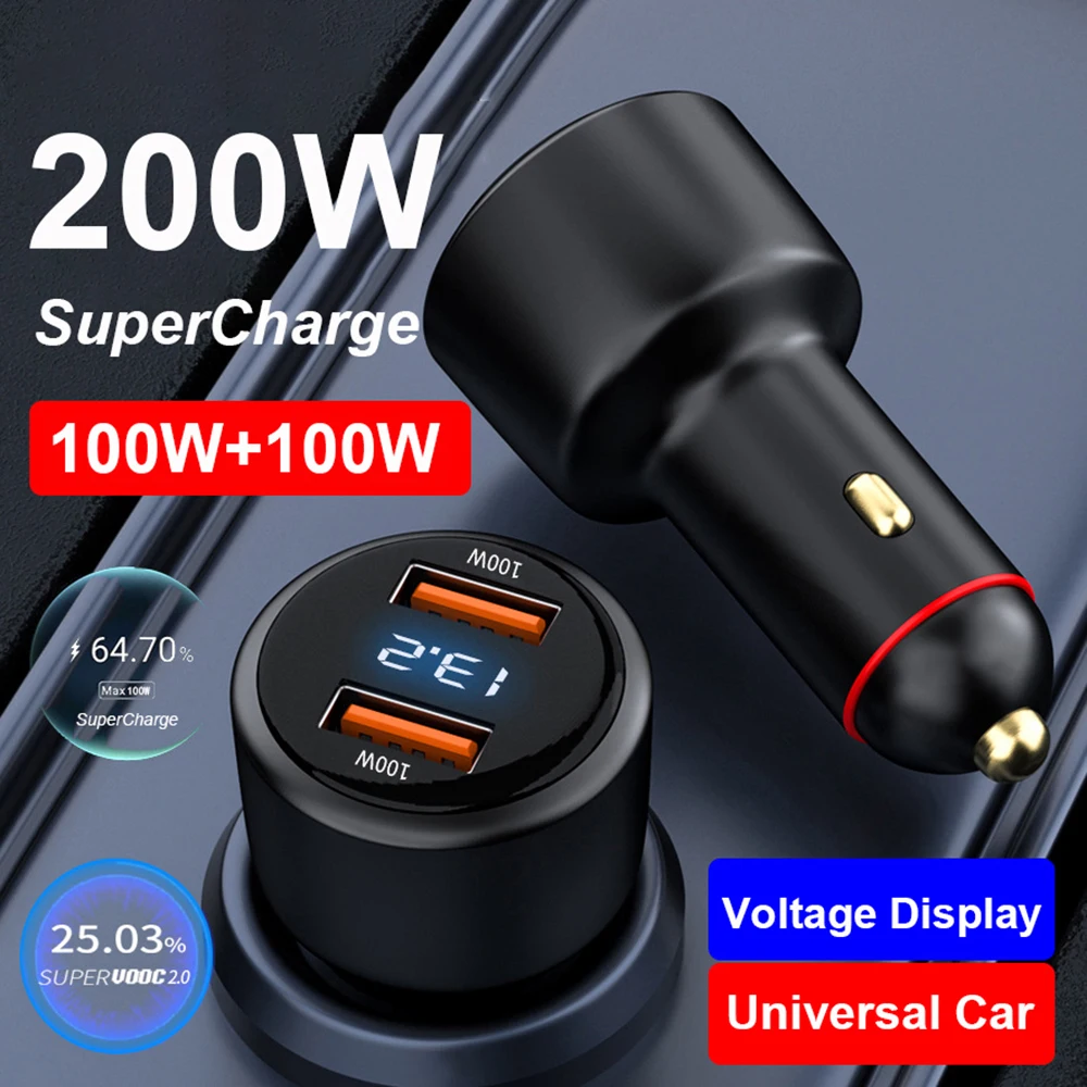 EONLIN Dual USB 200W USB Super VOOC Car Charger จอแสดงผลแรงดันไฟฟ้า QC3.0 USB 100W 66W SuperCharge สำหรับ huawei Honor VIVO OPPO Xiaomi