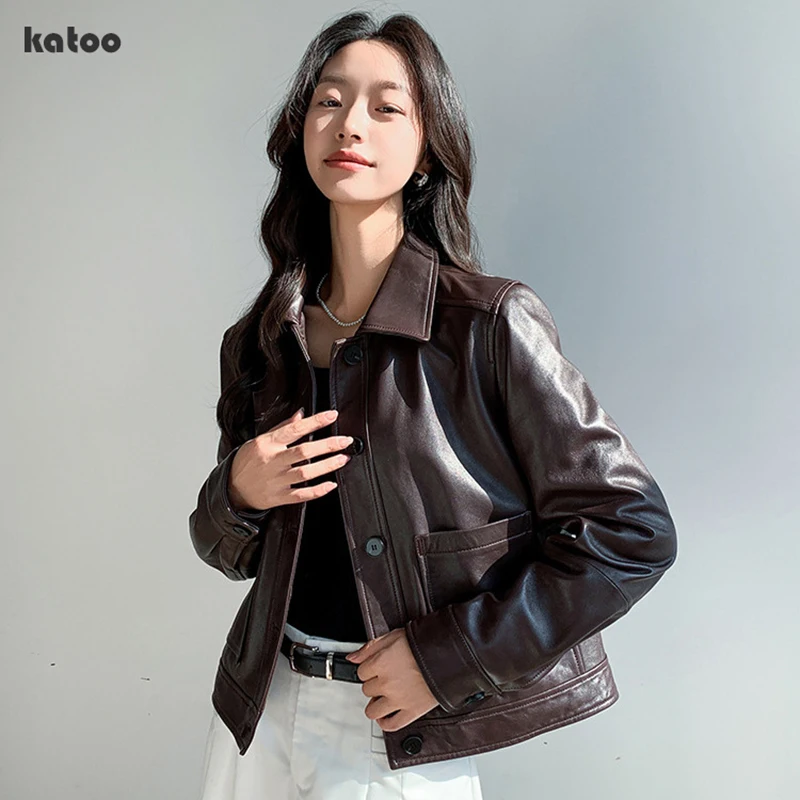 

Burgundy Leather Jacket Woman Autumn Winter Female Plant Tanned Sheepskin Lapel Single Breasted Slim Coat Jaqueta Couro Feminina
