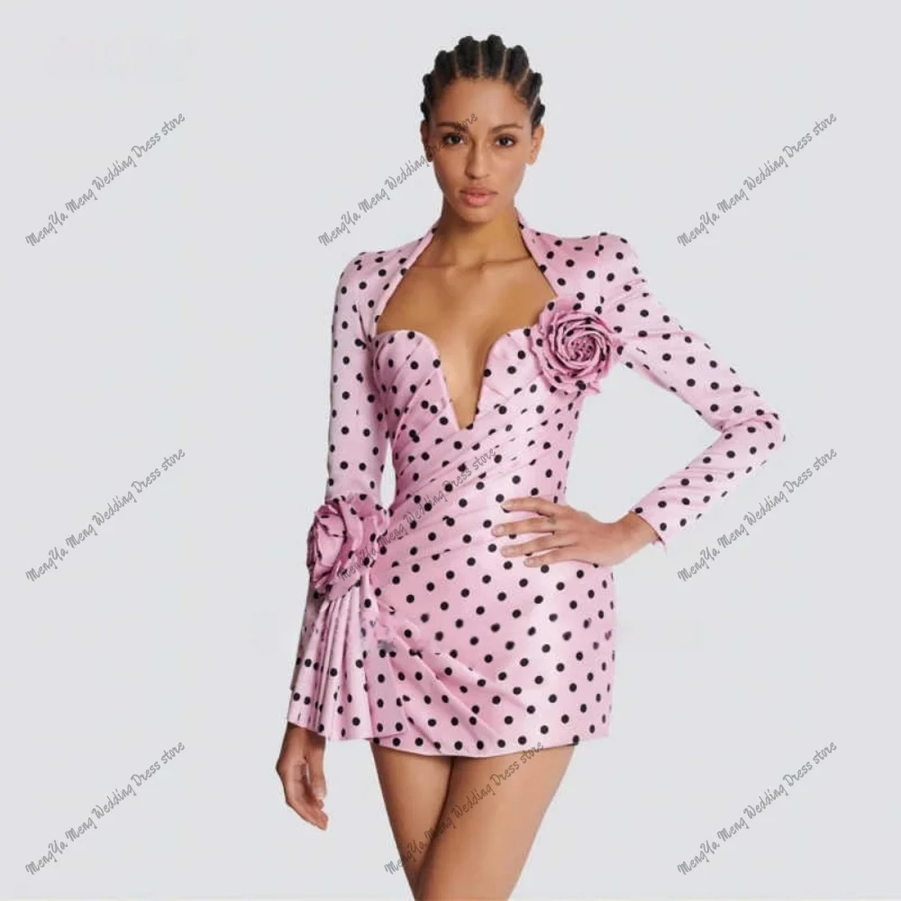 Sexy Handmade Flowers Patchwork Polka Dot Prom Cocktail Dresses Customized V-Neck Long Sleeved Draped Bodycon Pink Mini Dress
