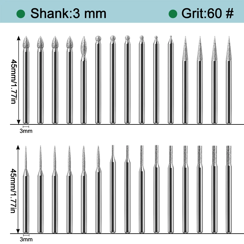 드레멜 로터리 공구용 다이아몬드 버, 드릴 비트, 드레멜 조각 부품, 3mm 생크, 30 인 1 연삭 바늘 연마 바늘, 30 개