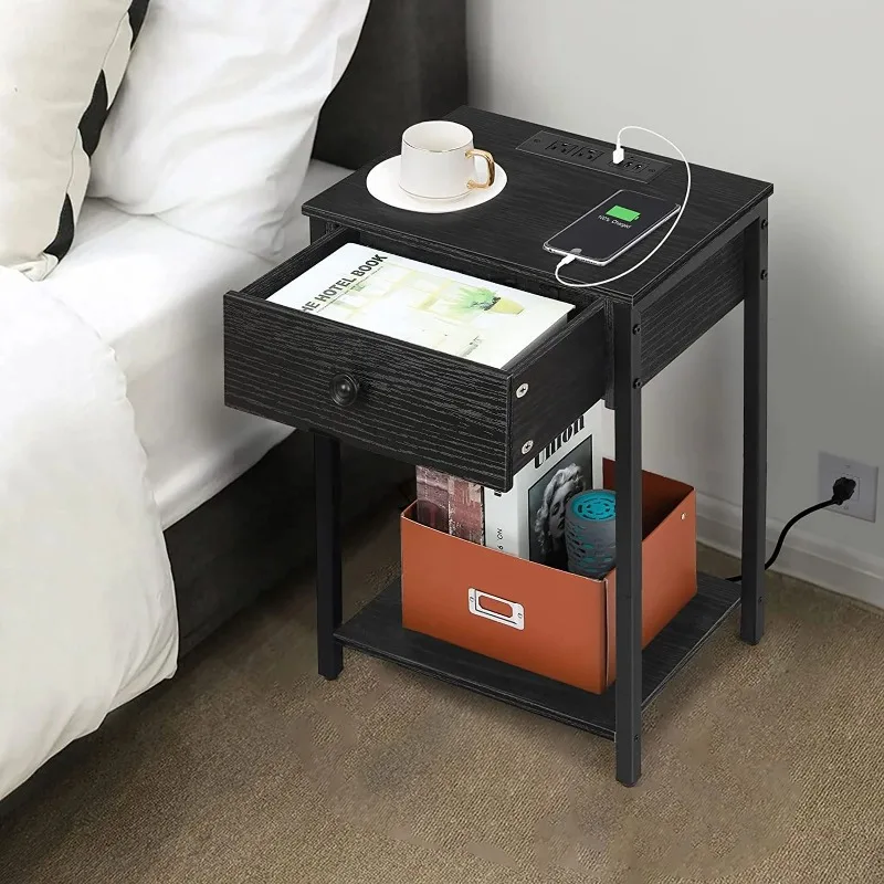 Nightstand End Table withChargingStation, USB Ports, Drawer and Storage Shelf, Modern Bedside End Tables for Small Space,  Black