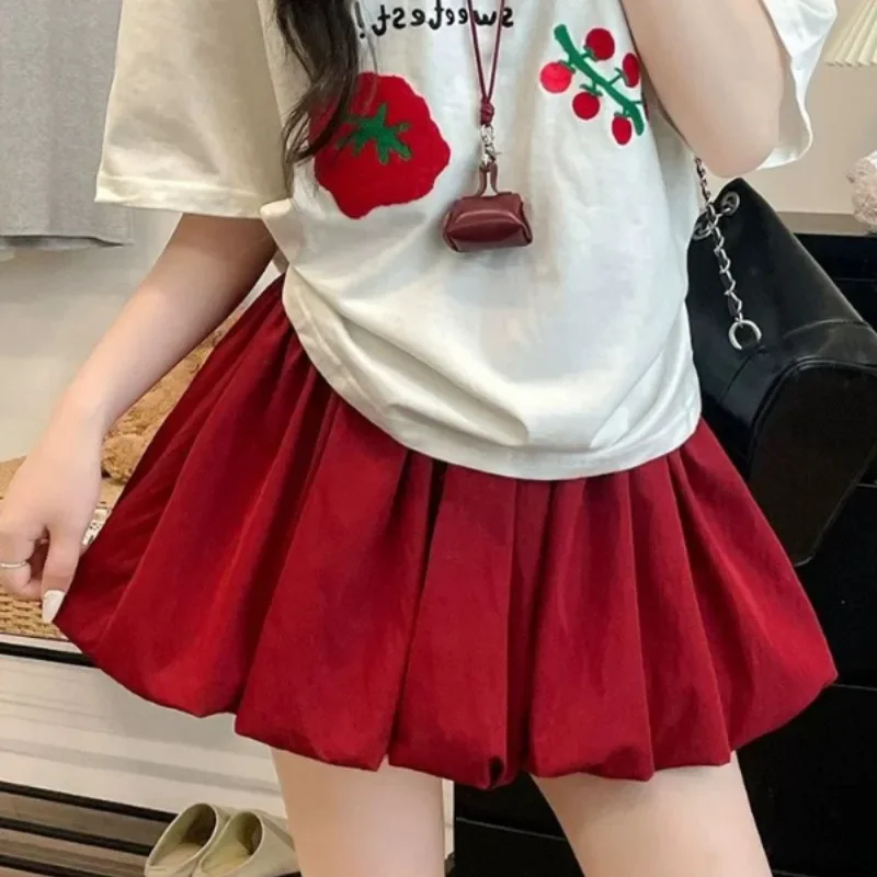Women Sweet Spicy Red Bud Mini Skirt Korean Style Slim Waist Fluffy Short Skirt Summer Unique Niche Design Versatile