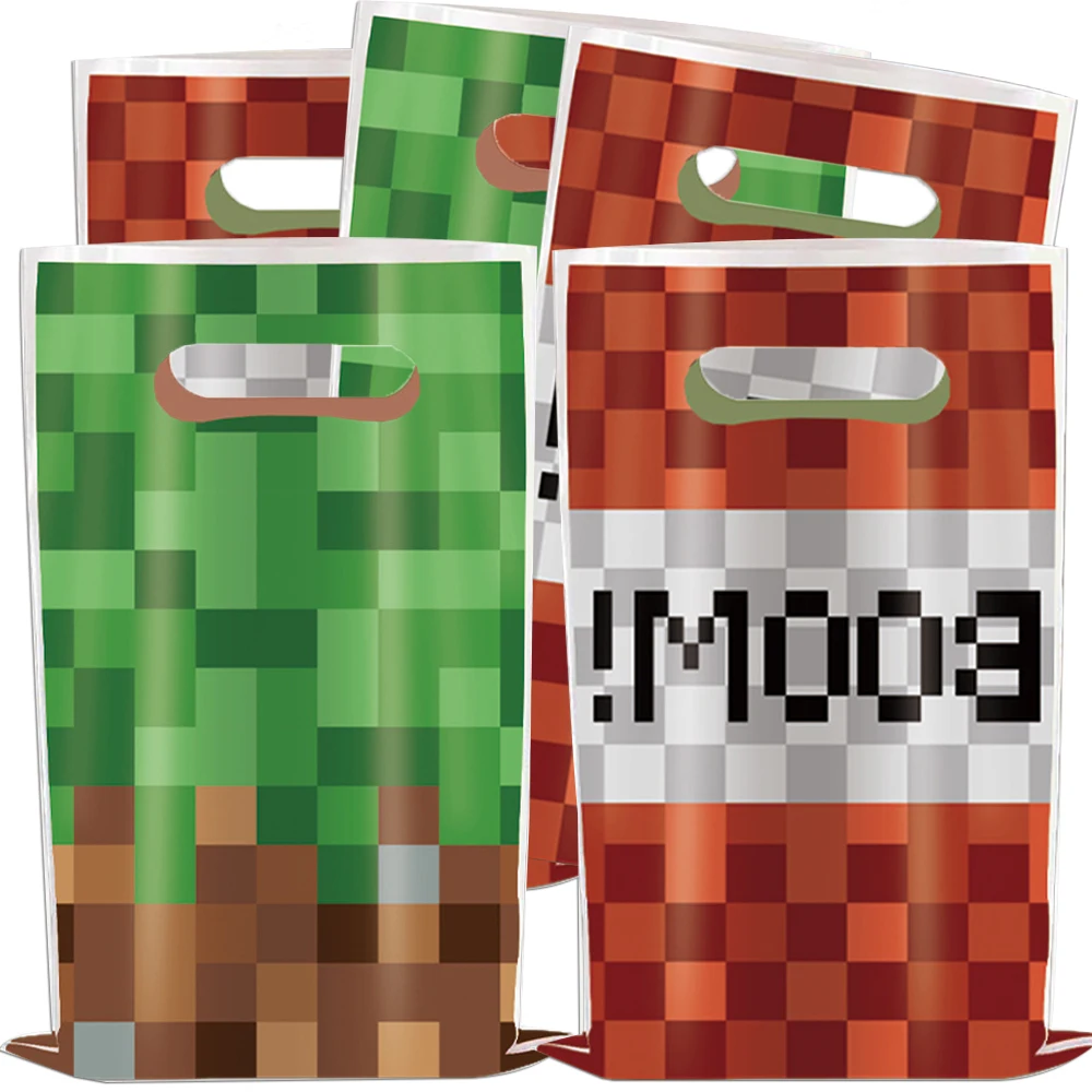 10-30 Uds. Decoraciones para fiesta de cumpleaños con tema de juego, bolsas de plástico para botín de pastizales verdes, bolsa de regalo para dulces, recuerdo para niños, suministros para Baby Shower