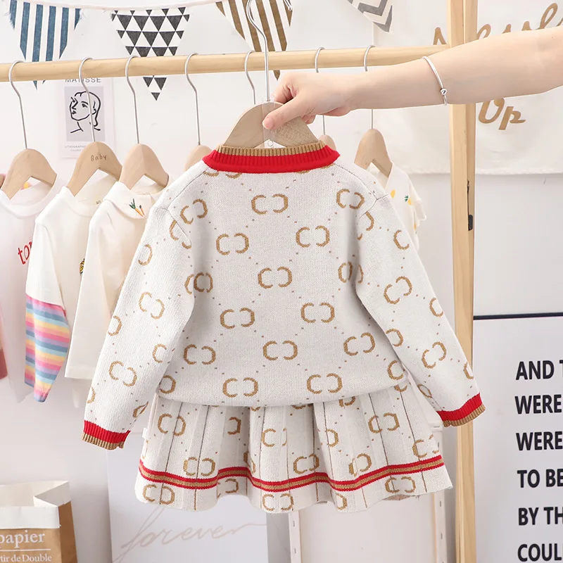 New Children\'s Sweater Set Girls Fashion Printing Cute Knitted Cardigan Skirt 2 Pieces Baby Clothes 1-7T Autumn and Winter