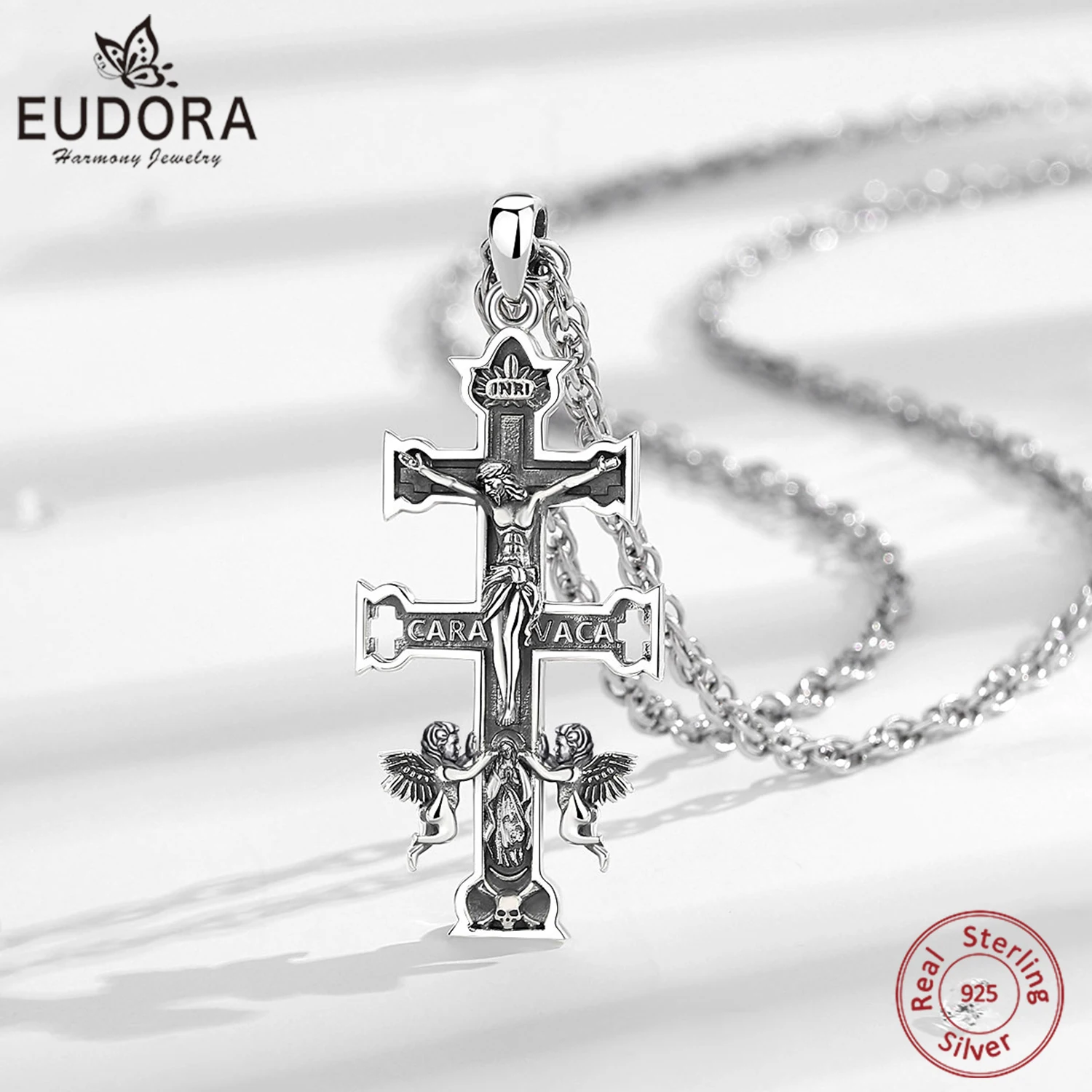 

Eudora 925 Sterling Silver Caravaca Cross Necklace Orthodox Cross Jesus Angel Pendant Catholic Christian Jewelry Men Women Gift