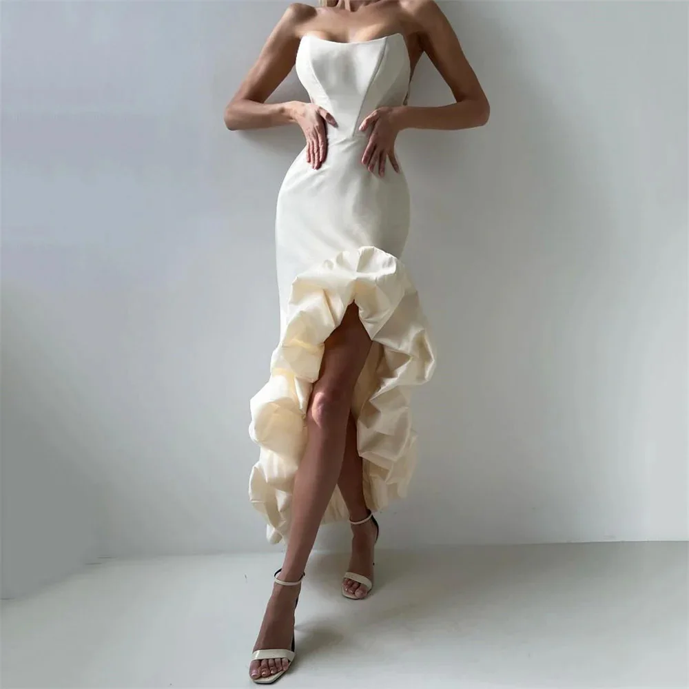 

Customized Fashion Strapless Side Fork Evening Dress Classic Sleeveless Asymmetrical Prom Gowns Ankle Length Party Dress