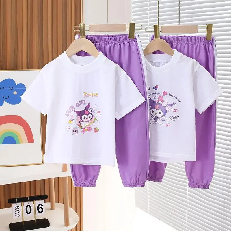 Sanrio Kuromi Kids T-Shirt Cute Cotton 2Pcs Cartoon Summer Cool Homewear Set Anime Round Neck Kawaii Soft Ventilate Short Sleeve