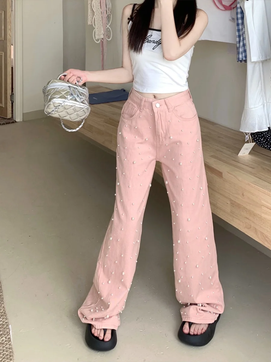 

American Retro Bead Decoration High Waist Wide Leg Straight Cut Long Pants Women's Summer New Sle Design Trendy Jeans