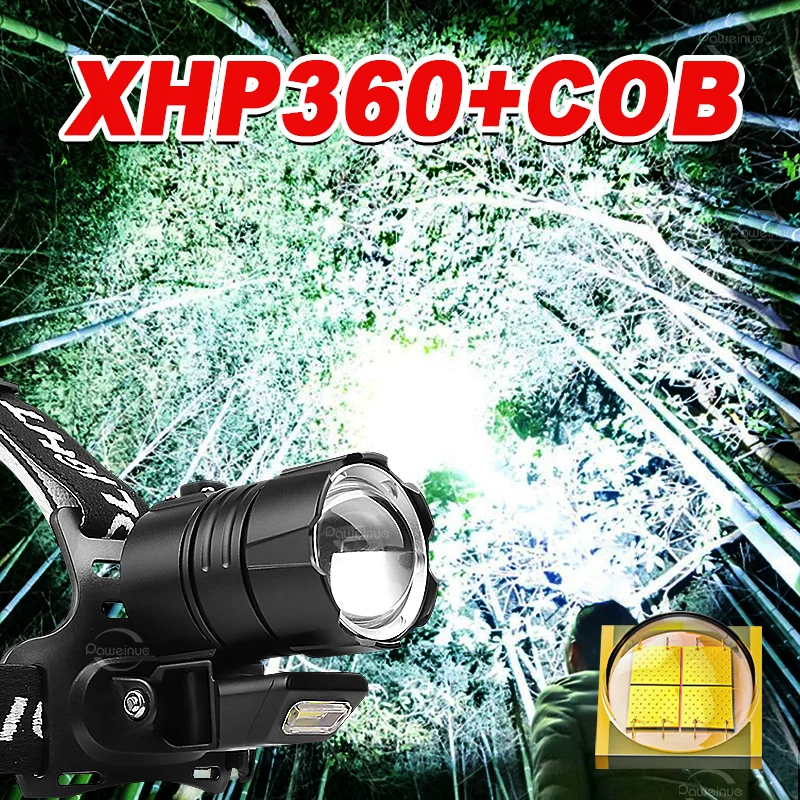 Super Powerful LED Headlamp XHP360 Rechargeable Type-c Outdoor Tactical Headlight Strong Light Long Range Flashlight For Fishing