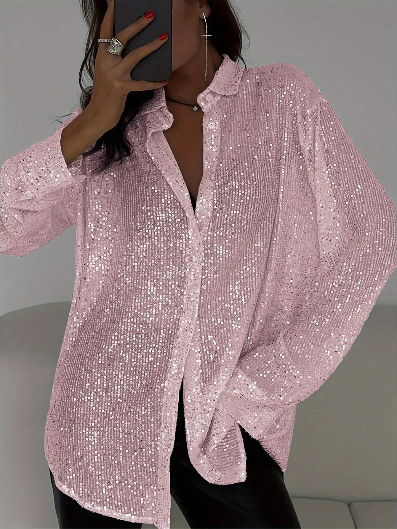 

Женская блузка с длинными рукавами и пайетками, на пуговицах, свободного кроя, для уличной моды и вечеринок