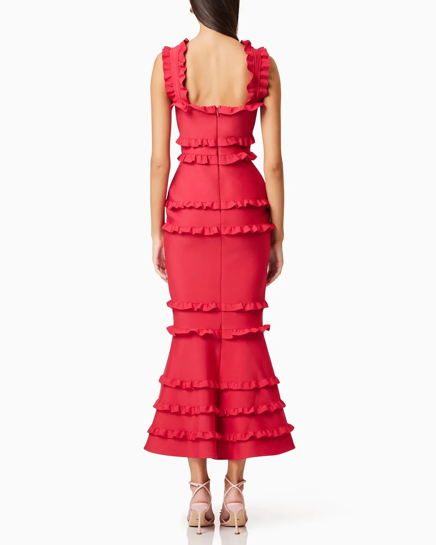 Customized Graceful Mermaid Square Collar Spaghetti Straps Ruffles Flowers Evening Dress Modern Satin Pleats Vestido De Festa