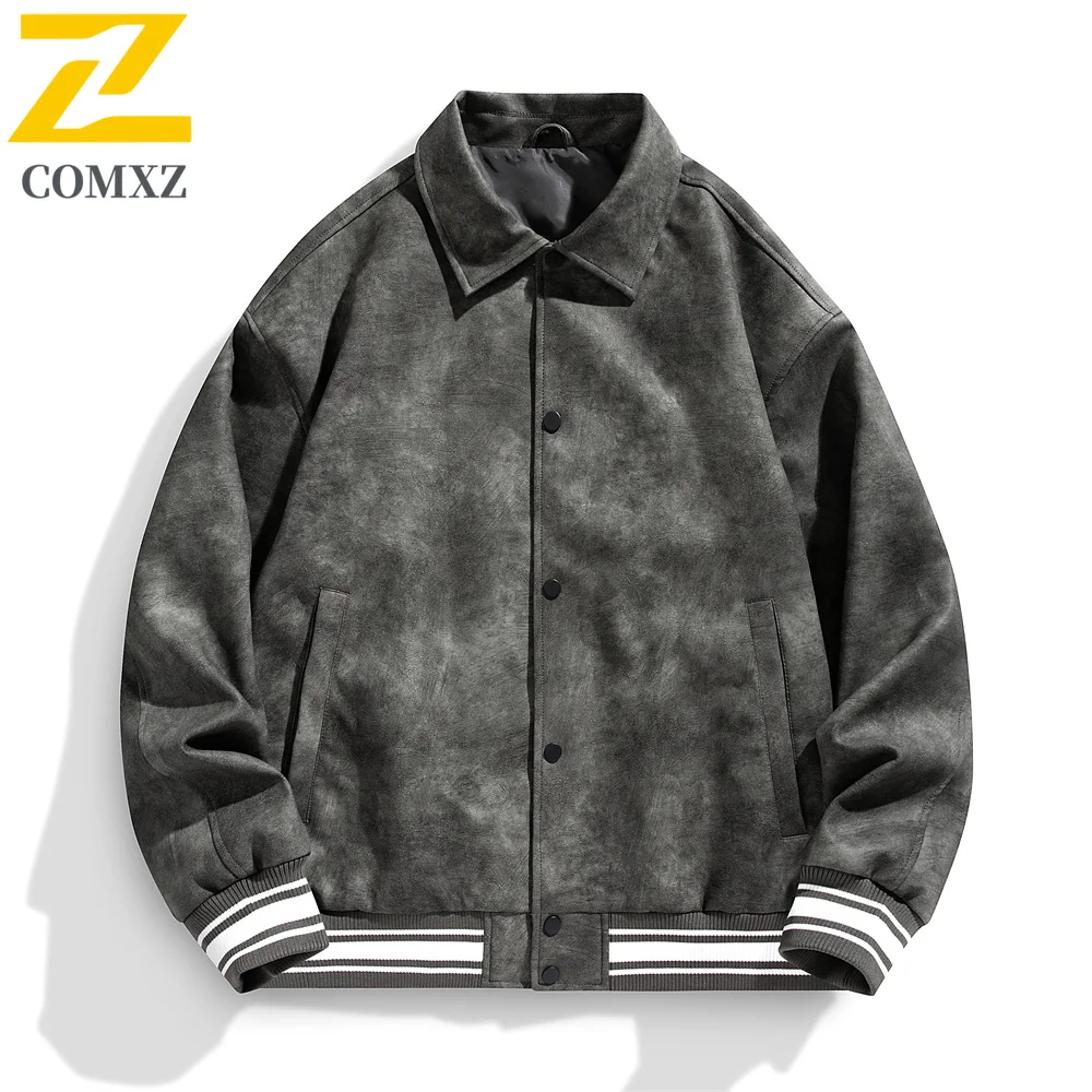 Street Loose Jacket Men Autumn Fashion Retro Solid Color Windproof PU Leather Coat Men's Clothing Casual Loose Motorcycle Jacket