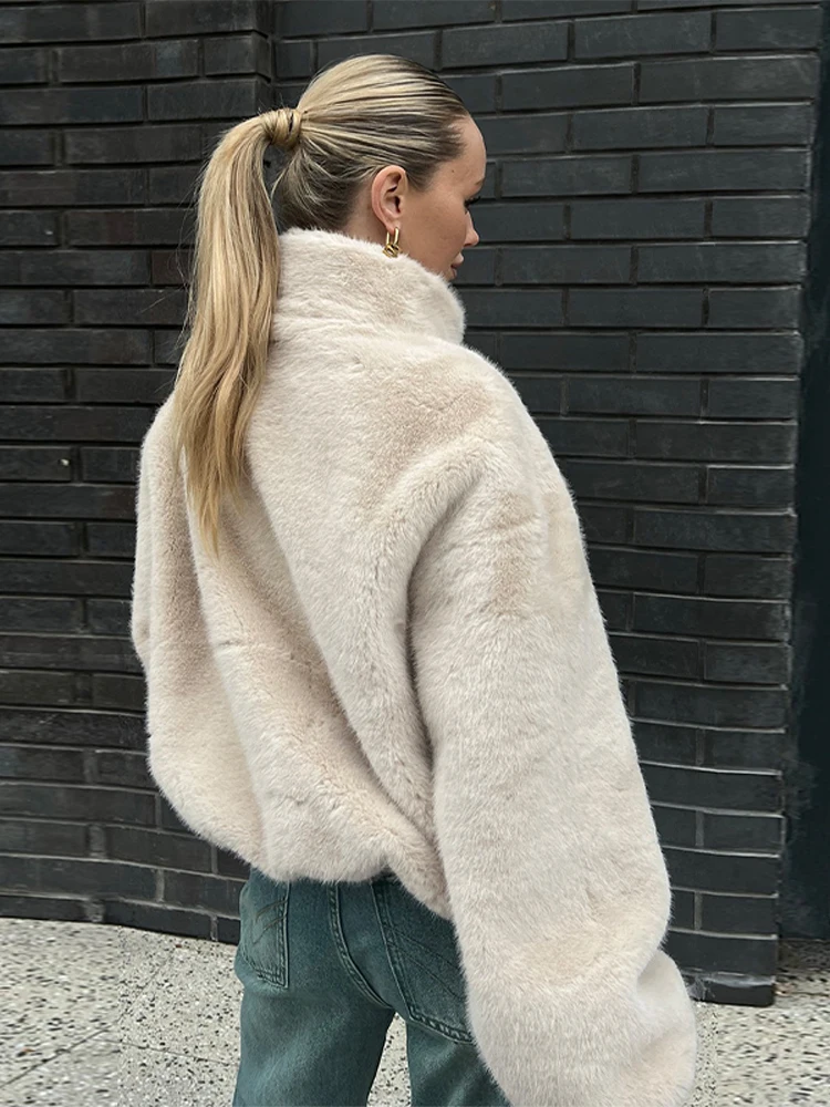 

Casual Zipper Stand Collar Short Faux Fur Jacket Women Luxury Fluffy Long Sleeve Crop Jackets Winter Lady Daily Street Outwear