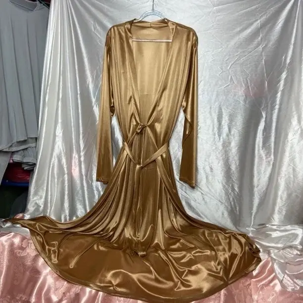 

Man's Glossy Sexy Ice Silk Satin Silky Touch Maxi Robe V Neck Women Long Sleeve Sashes Loose Long Dress Plus Size Sleeping Gown