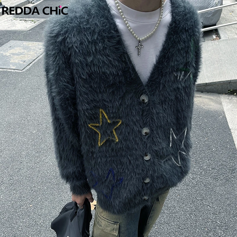 REDDACHiC Men Embroidery Star Mohair Cardigan Sweater Vintage Y2k V-neck Buttoned Long Sleeves Knit Jacket Casual Winter Clothes