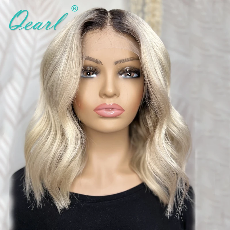 Qearl – perruque Bob Lace Front Wig sans colle naturelle, cheveux courts, 13x4, pre-plucked, couleur blond cendré platine, Loose Wave, bon marché