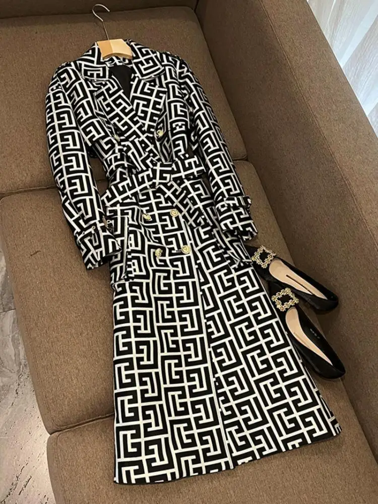 

Осенне-зимнее пальто премиум-класса на металлических пуговицах, двухрядное пальто на пуговицах с поясом и геометрическим рисунком в клетку, удлиненное пальто A60 Long Sve