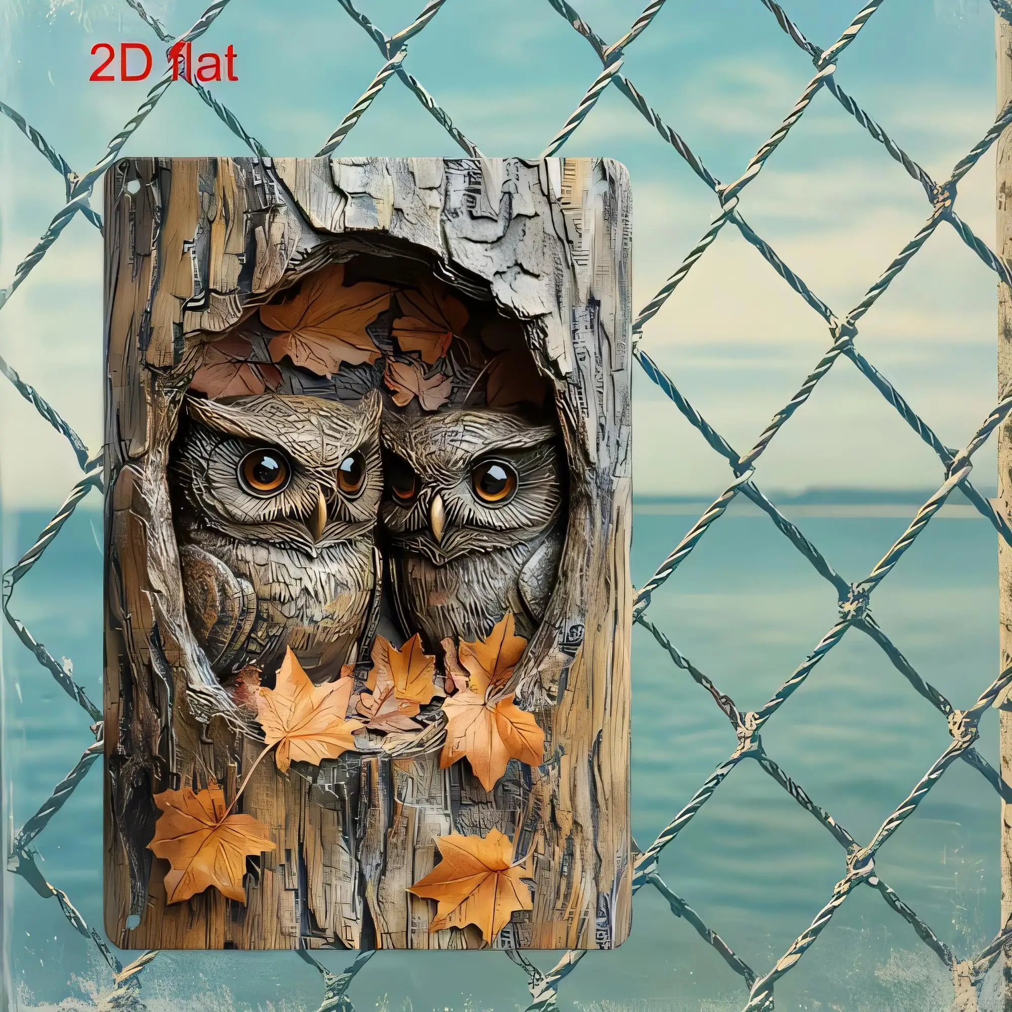 Tin Sign,  Vintage Owl Couple Behind Broken Wood Window Rustic Metal Wall Art for Home Bar Garage Outdoor, Autumn Leaves Fall Fo