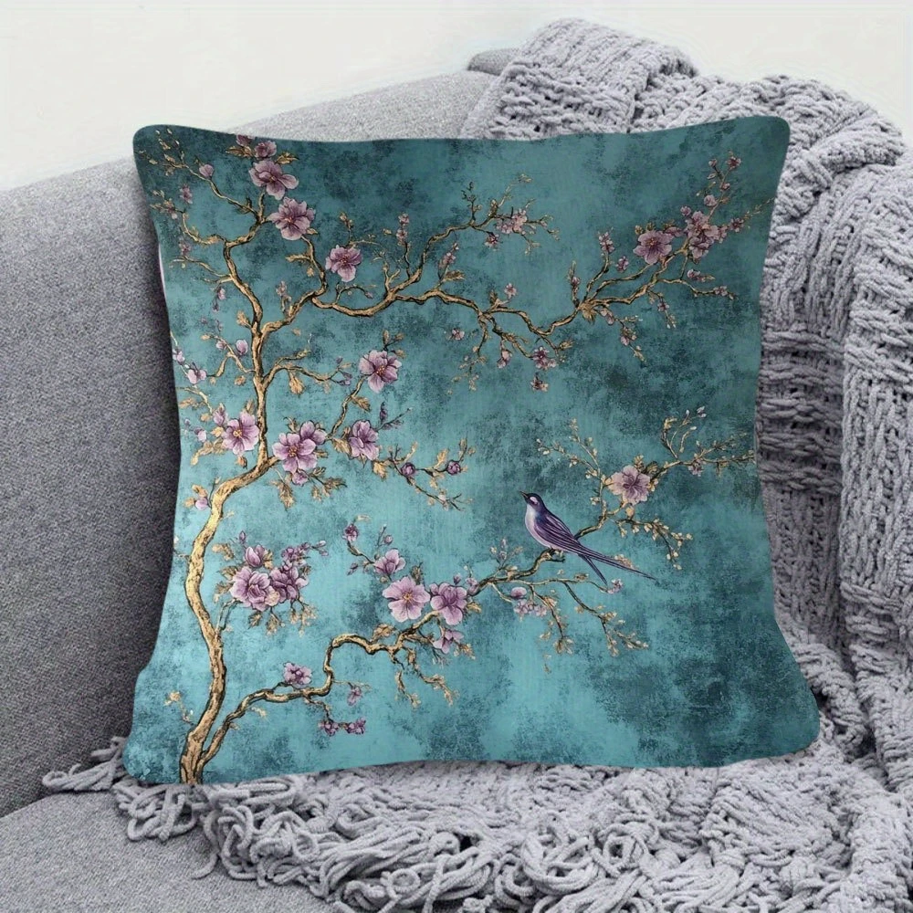 1pc Teal Purple Floral Bird Pillow Cover, Polyester 2D Double Sided Print Cushion Case, Vintage Chinoiserie Style Throw Pillowca