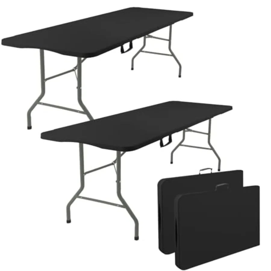 

2 Pack 6 Feet Portable Folding Table Black Steel Legs Fold-in-Half with Carrying Handle Rectangular Plastic Foldable Table for