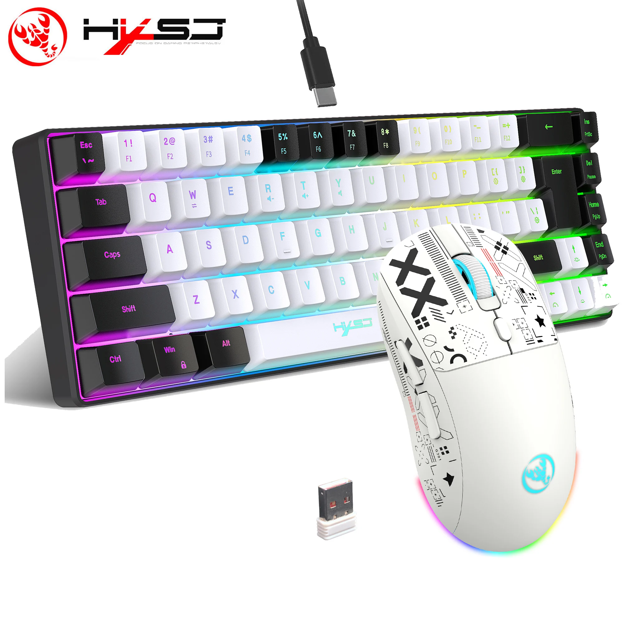 HXSJ 60% Gaming Keyboard and mouse combos RGB backlit wired 68-key membrane keyboard 3-mode wireless mouse for laptop PC Mac