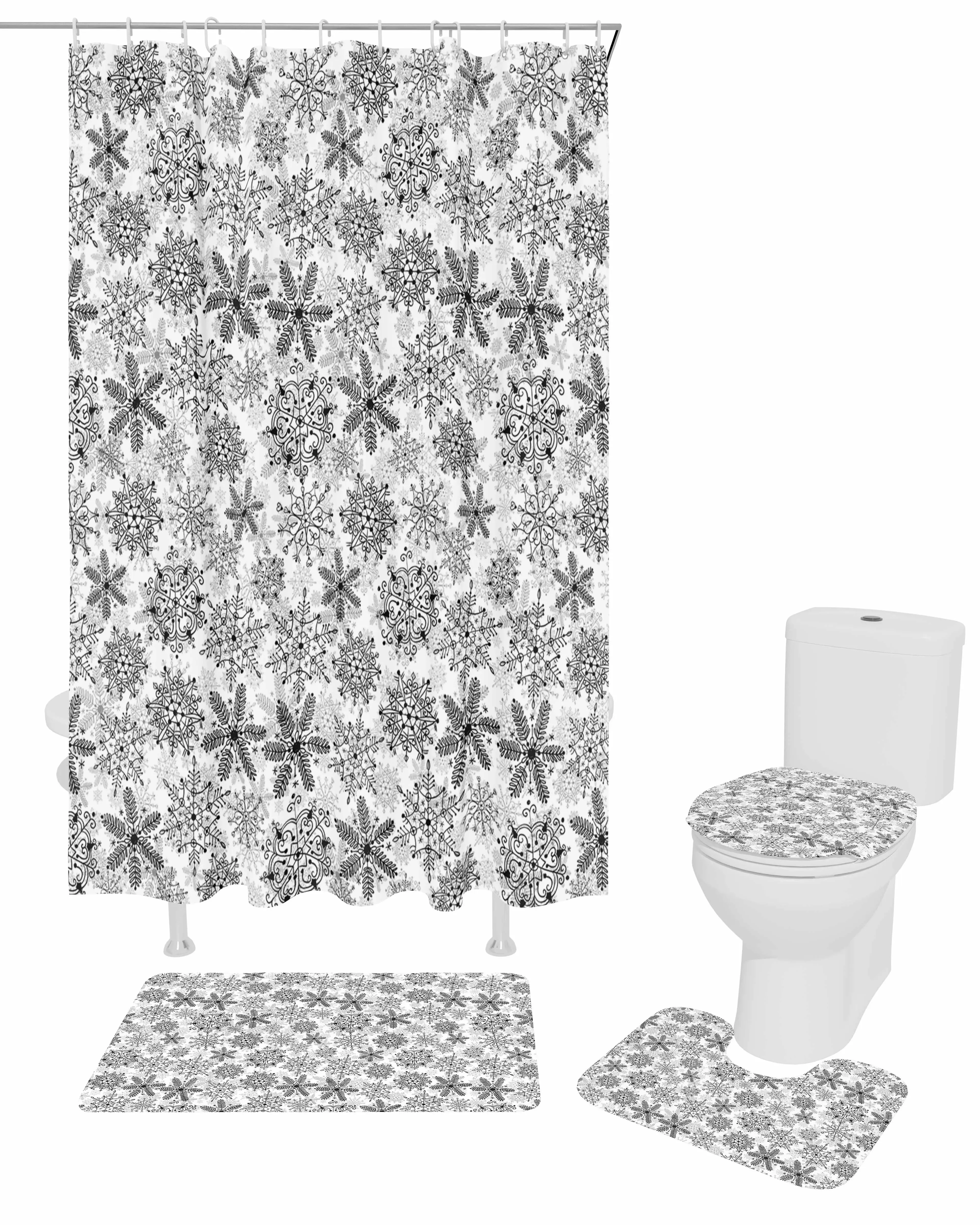 Snowflakes RetroStyle Polyester printed shower curtain bathroom set,luxurious curtainsabstract 4-piece setcoral fleece floor mat