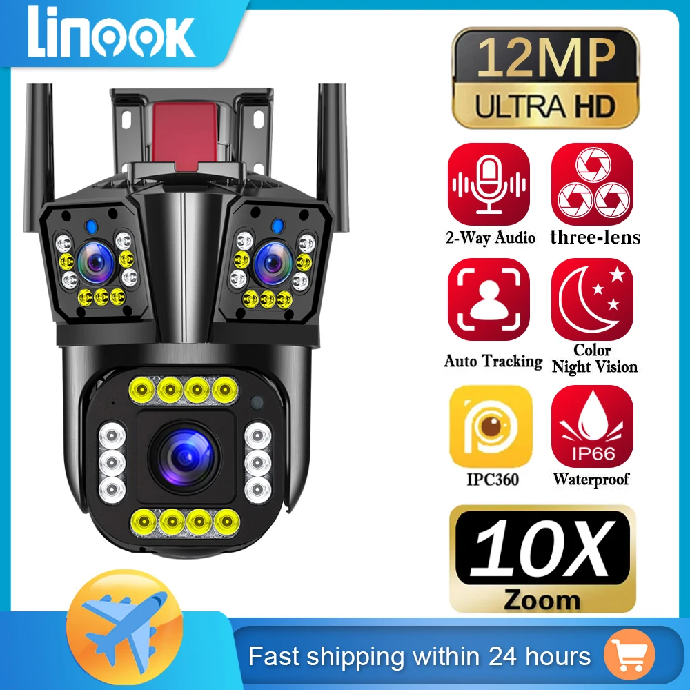 Linook 6K 12MP 10x zoom,three screen 3 lens,WiFi wireless CCTV outdoor waterproof IP camera,360 degree monitoring,pan tilt se