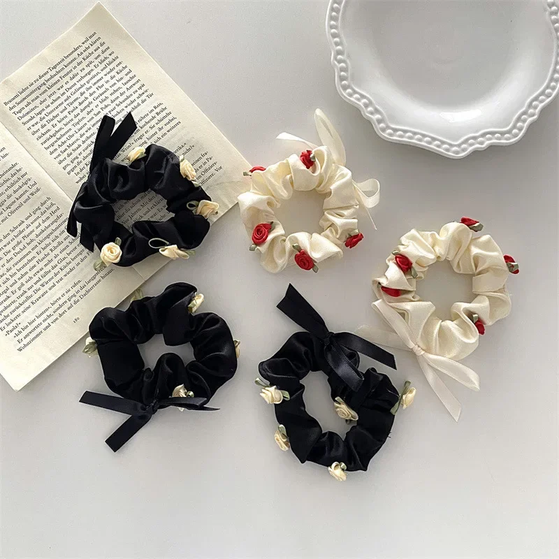 Romantic Rose French Large Hair Ring Hair Rope Ties Vintage Girls Flower Scrunchies Bands Hair Accessories for Women