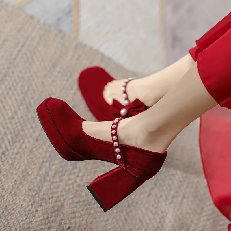 2024 New Women's Comfortable and Fashionable Pearl Bow Decorated One-line Buckle Elegant Square Toe High Heels