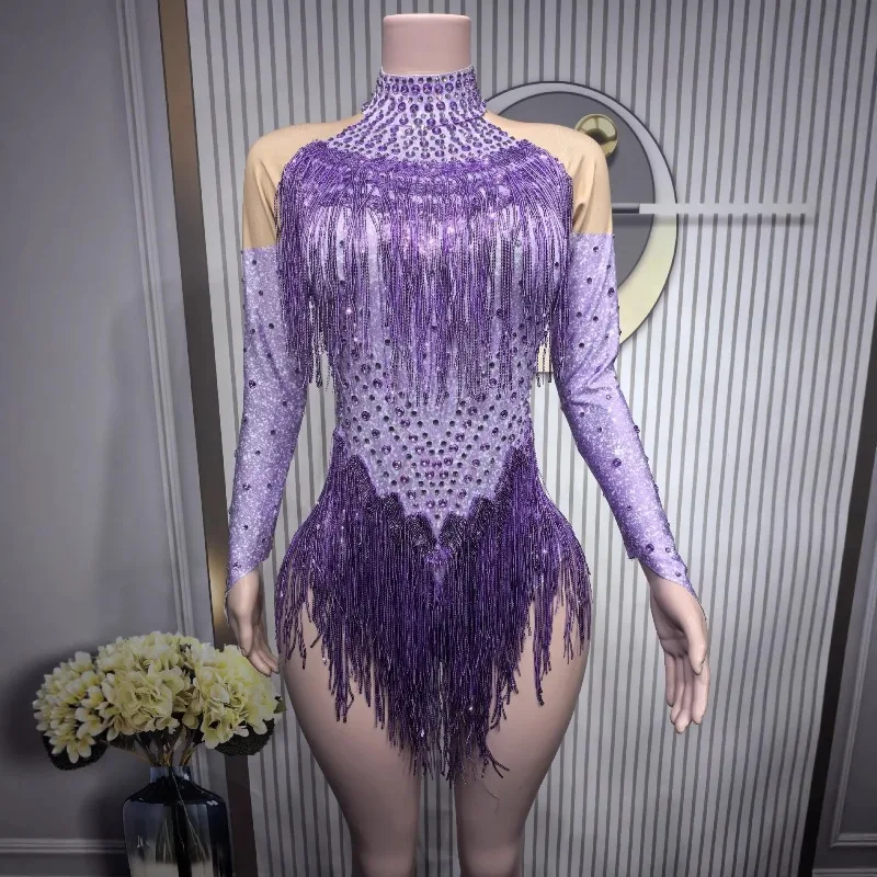 

Women Long Sleeve Spandex Leotard Sparkling Rhinestone Tassel Bodysuit Sexy Stage Costume for Dance Show Jazz Performance zym
